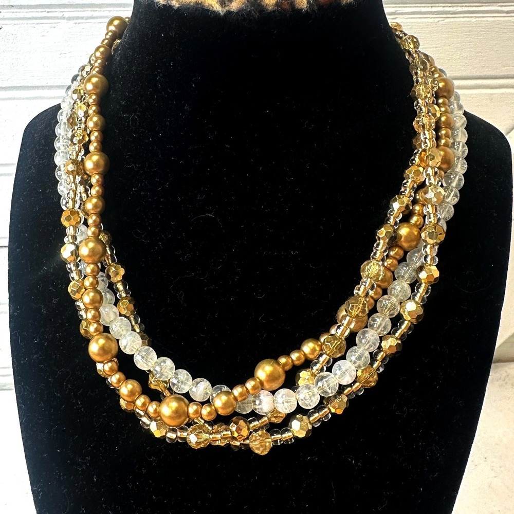 Vintage Choker Necklace Multi-strand Gold tone & White‎ Faceted beads Adjustable